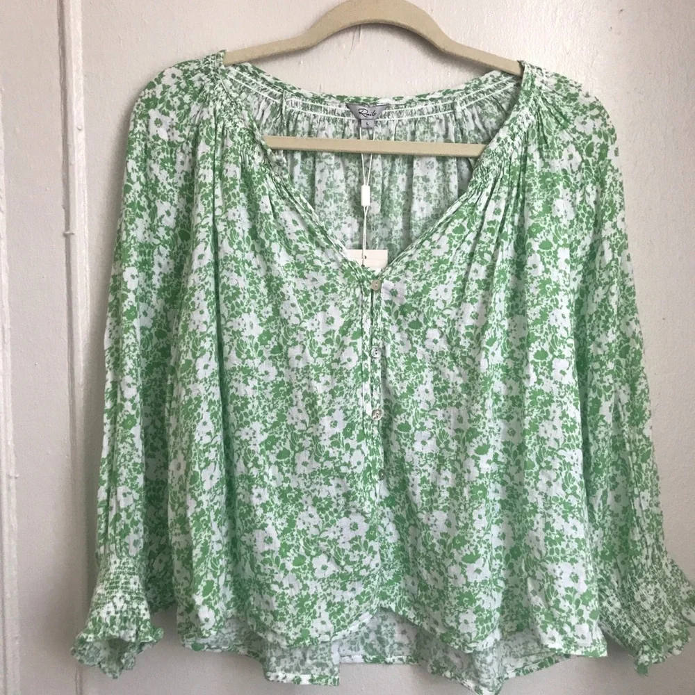 New Rails Green and White Floral Linen Top Large - Picture 3 of 7